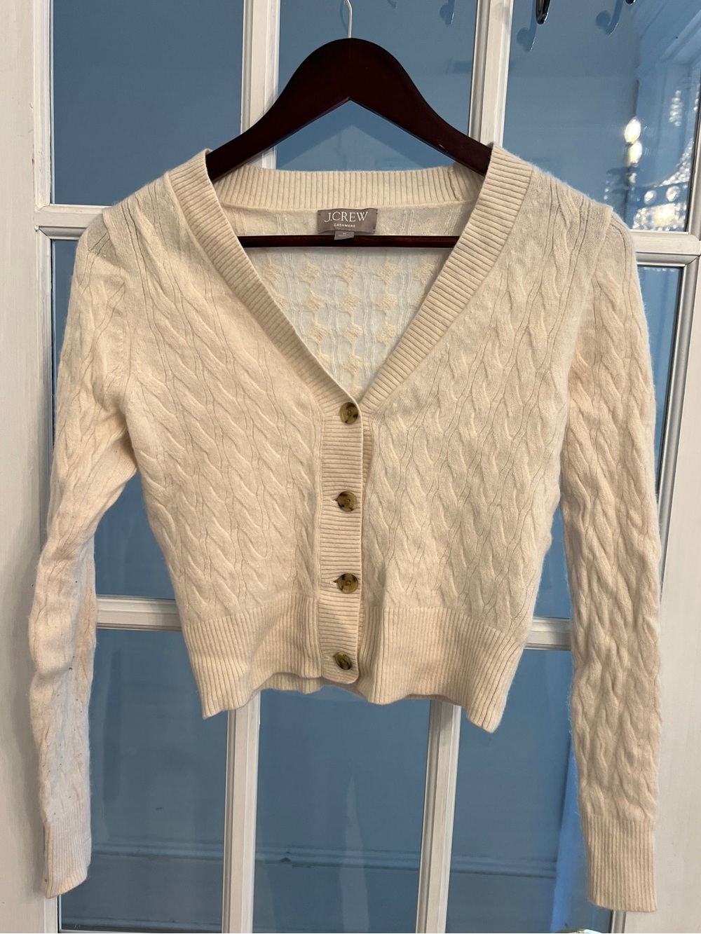 J. CREW Women’s Cashmere Shrunken Cable Knit V-Neck Cardigan Cream BO614 Size M